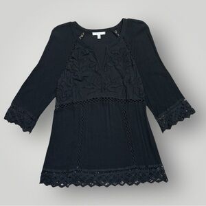 Pale Sky Black Embroidered Boho Tunic Top Size XL LaceDetail